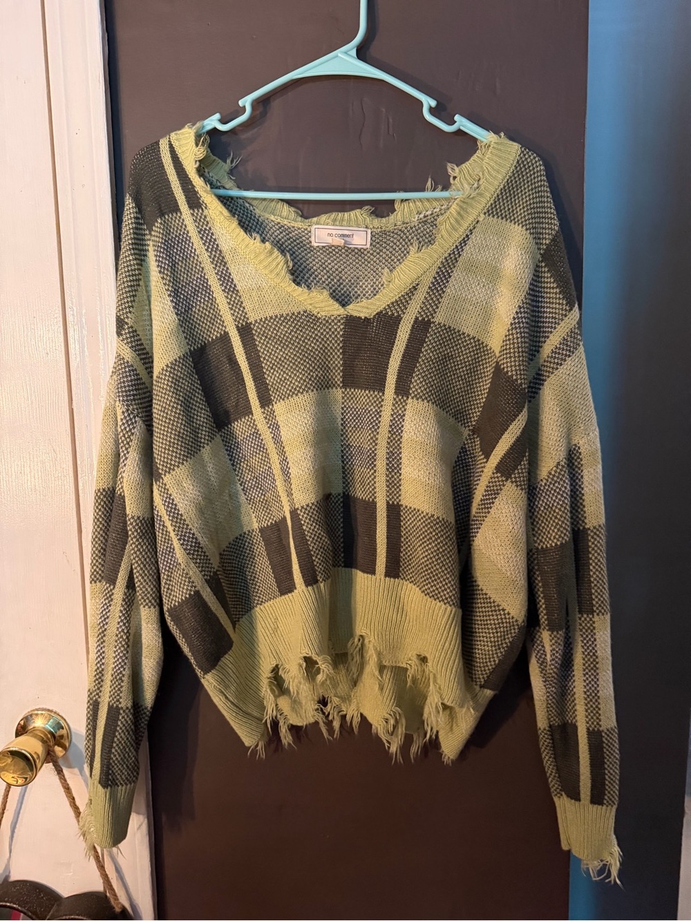 Distressed Plaid V-Neck Sweater in Olive Green and Black